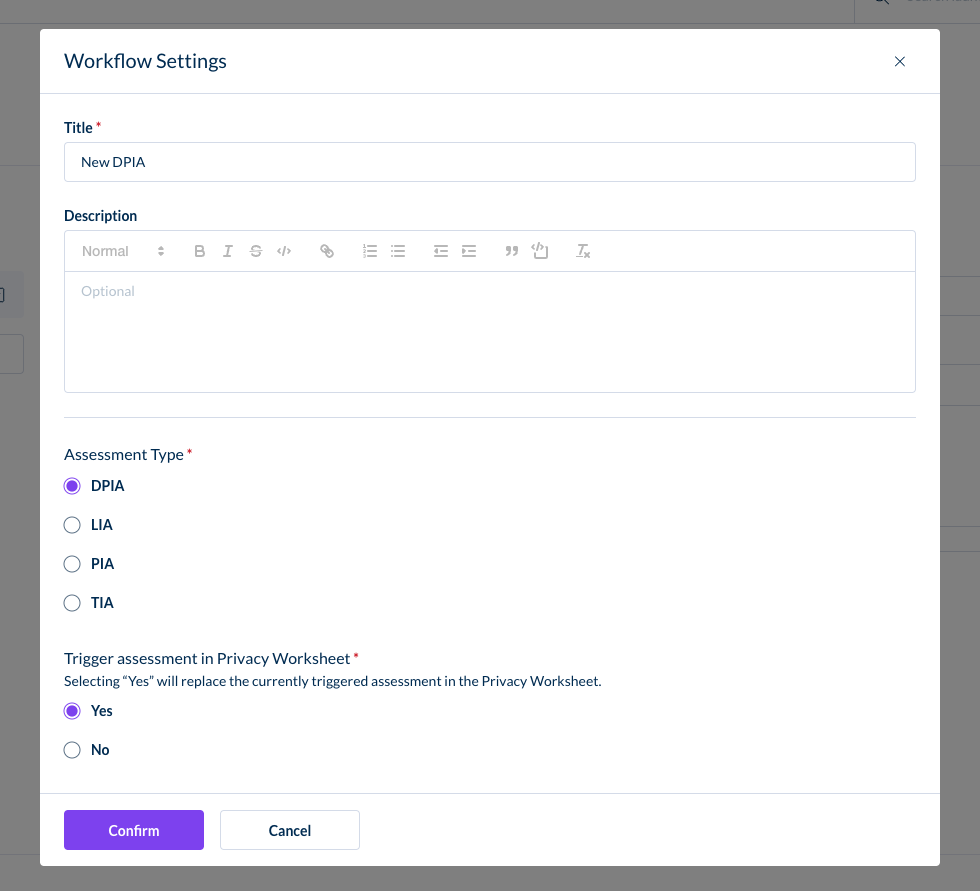 new assessment workflow form